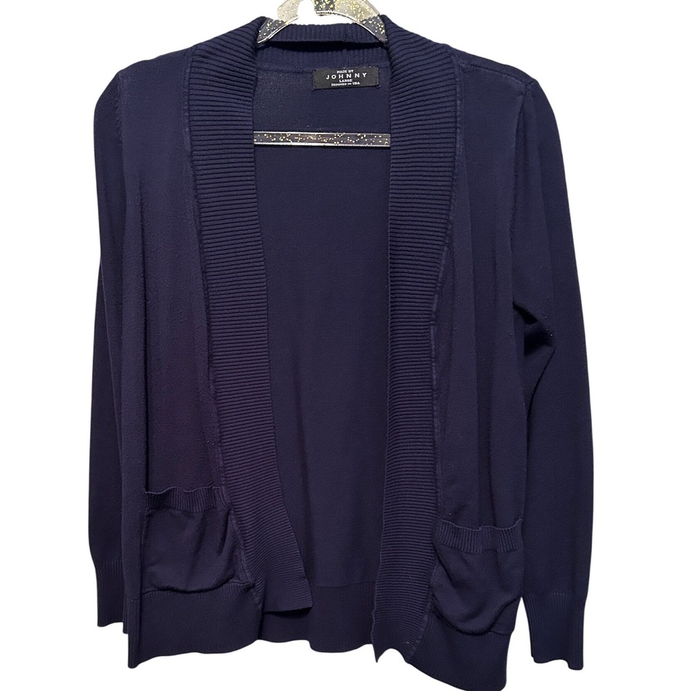 Made By Johnny Navy Blue Open Front Cardigan Sweater Large Pockets Ribbed Collar